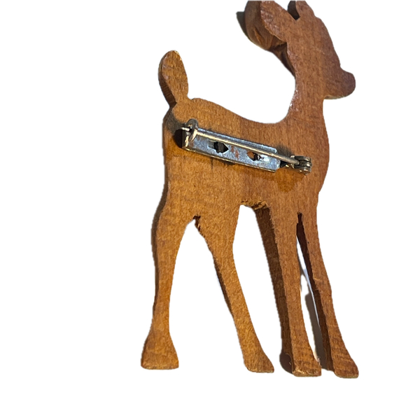 VTG 40s Hand Carved Brown Wooden Fawn Brooch 3”Lx2.5”W - Picture 7 of 11